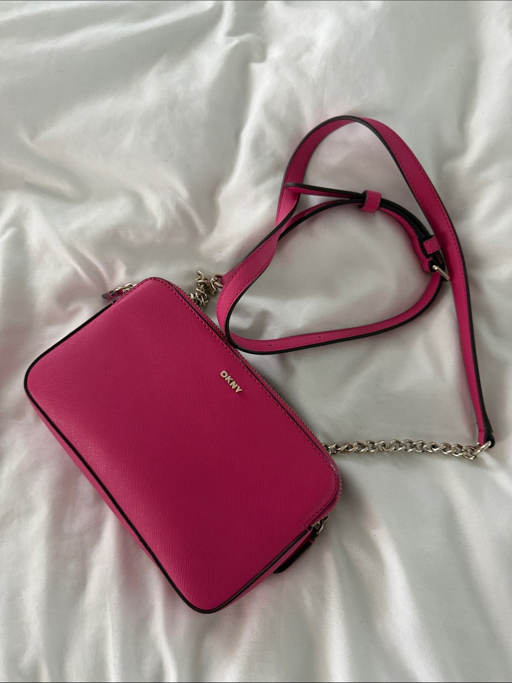 DKNY Hot Pink Leather Crossbody with Gold Chain